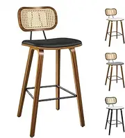 [ALFORDSON] Bar Stools, 2X Vintage Kitchen Dining Chair with 35cm Rattan Backrest and 67cm Leather Seat, Counter Barstools with Footrest for Home Bar Dining Room, Fiona Wooden Black