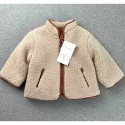 Zara Baby 6-9 Months Reversible Fleece Jacket Cream Brown Neutral Sherpa Zip Up
