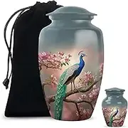 Memorial Urns for Human Ashes, Peacock Keepsake Urn for Ash, Adult Funeral Remains, Decorative Gift for Male & Female, Combo, Grey (10 Inch & 3 Inch Mini)