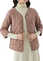 [Zylphorix] Ladies Lightweight Quilted Puffer Jackets Medium Long Sleeves Pocket Puffer Warm Collarless Button Winter Coats