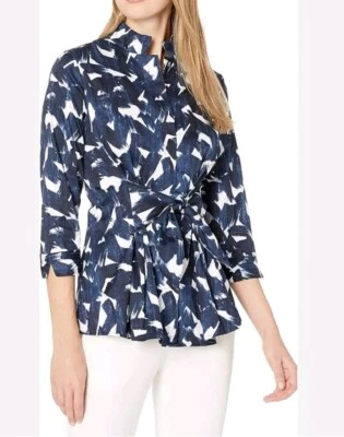 NEW Nic + Zoe Blouse Womens Petite Small PS Blue White Tie Waist 3/4 Sleeve