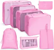 8 Set Packing Cubes with Shoe Bag Travel Luggage Organizer for Suitcase Clothes Storage Bag,Pink