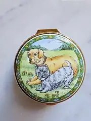Staffordshire Enamel Trinket Box Made in England Yellow Labrador & Westie Dog