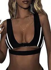 [Ella Lust] Women's Reflective Rave Bikini Top - Sexy Festival Outfit Push Up Triangle Bikini Bra Black Buckle Underboob Shirt Top Short Goth Top Techno Party Nightclub Concert Outfit, Black