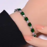 Tsavorite, Cubic Zirconia Gemstone 925 Sterling Silver Tennis Bracelet 7.99" B40
