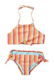 Raisins Big Girl's 12 2 Pc Goals Mood Ring Stripe Bikini Swimsuit Orange Red