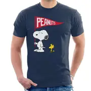Peanuts Snoopy & Woodstock Flag Men's T-Shirt Navy Blue Large