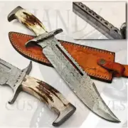 CUSTOM HANDMADE FORGEDSURVIVAL DAMASCUS BOWIE KNIFE WITH STAG/ANTLER HANDLE