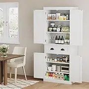 Flamaker 72" Kitchen Pantry Cabinet, Tall Pantry Storage Cabinet with Drawer and 4 Adjustable Shelves, Freestanding Pantry Cupboard Cabinet for Kitchen, Dining Room and Living Room （White）