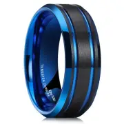 8mm Black Tungsten Ring for Men Double Blue Thin Groove Line Brushed Tungsten...