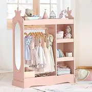 [Curipeer] Dress Up Storage With Mirror, Wardrobe With 3 Hooks, Closet for Girls Boys, Armoire Costume Organizer for Kids Bedroom, Pink