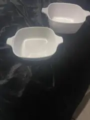 2 Single CorningWare Casseroles 1 White With Blue Snowflakes 1 All White