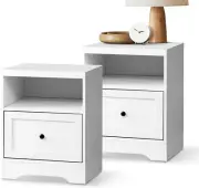 Bedside Table Set of 2 White Bedside Table with Open Shelving and Drawers
