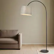 Adalynn Sleek Arched Metal Floor Lamp - Black, Grey Linen Shade, 1600mm High, PL0053