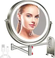 CONLWIN 8" Wall Mounted Lighted Makeup Mirror, 3000mAh Rechargeable Double Sided 1X/10X Magnifying Mirror with Hook, 3 Color Lights Touch Dimmable 360° Rotation Vanity Mirror for Bathroom