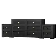 ALFORDSON Hamptons *1x Chest of 6 Drawers＆*2X 2-Drawer Bedside Tables Combo Set, Tallboy Dresser, Modern Storage Cabinet Set for Hallway,Bedroom, Living Room, Black