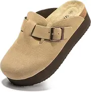 [Vayfio] Women's Suede Clogs Cork Footbed Sandals Comfort Platform Mules with Arch Support Adjustable Buckle Slip On Slippers
