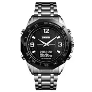 1464 Multifunctional Men Outdoor Business Sports Waterproof Steel Strap Double Display Digital Watch(Silver)