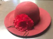 Women's Floppy Wool Hat Red Cherry Color With Red Side Flower OSFM New