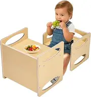 VEVOR Montessori Weaning Table and Chair Set, Wooden Toddler Table and Chair Set for Aged 1-5, Adjustable Height Kids Montessori Bench and Activity Desk, Ideal for Reading, Eating, Playing - Natural
