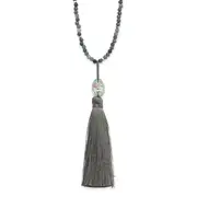 Sterling Silver Ss Green Glass/Hematite/Grey Quartz W/Nylon Tassel Drop Necklace