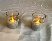 Set of 2 tea light candle holders embellished with silver iridescent glitter