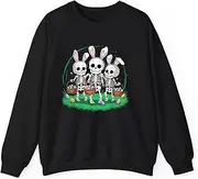 [Generic] Funny Easter Skeleton Holding Egg Basket Bunny Ears Sweatshirt for Adults Crew Neck Long Sleeve Pullover
