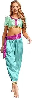 [Yeahdor] 2pcs Belly Dance Outfit for Womens Shiny Silky Satin Fringe Top Pants Set Halloween Costume