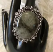 Huge German Silver Green Labradorite Stone Ring Size 7.75 New W Tags