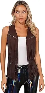 [Yeahdor] Womens Fringe Vest Western Jacket Sleeveless Faux Suede Rivets Tassel Outwear Cowgirl Tops