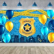 Police Party Banner Police Department Badge Blue Brick Wall Backdrop Police Birthday Photography Background for Police Boys Party Supplies Wall Decoration, 72.8 X 43.3 Inch