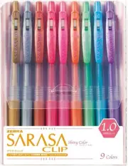 Zebra Sarasa Clip 1.0, 9 Shiny / Metallic Color 9 Count (Pack of 1), Silver