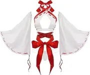 [paloli] Women Japanese Anime Miko Cosplay Outfit, Red And White Kimono Bra And Panty Set Witch Cosplay Costume
