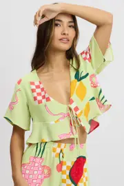 Multi Abstract Tie Up Top Short Sleeve Crop - Size 16XL, Women's Bolero