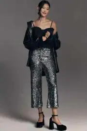 New Anthropologie Maeve The Colette Cropped Wide-Leg Sequin Pants 28 $198 NWT