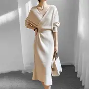 Long-Sleeve V-Neck Plain Ribbed Open Back Midi Sheath Knit Dress Blue - One Size