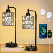 Table Lamps for Bedroom, Boho Rattan Bedside Lamps Set of 2 with 2 Pack Gray