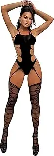 [YIINHEY] Women's Sexy Fishnet Bodystocking Lingerie Sleeveless Lace Bodysuit Halterneck One Piece Body Stocking, Black