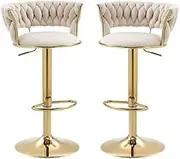 2X Height Adjustable Swivel Bar Stool Velvet Golden Base Barstools Chairs Padded Seat Ivory