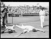 Tennis players Fred Perry and Vivien McGrath lying prostrate on th- Old Photo