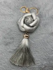 Gray Flower Rose Tassel Keychain for Woman Jewelry Bag Decoration Bag Charm