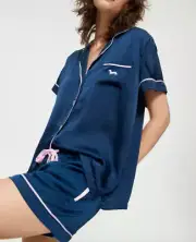 NEW IN BOX PETER ALEXANDER NAVY POLY SATIN TOP SHORTS PJ SET LARGE L RRP$129