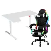 Advwin 140cm White Gaming Desk RGB LED Light & Gaming Chair with Footrest LED Light White