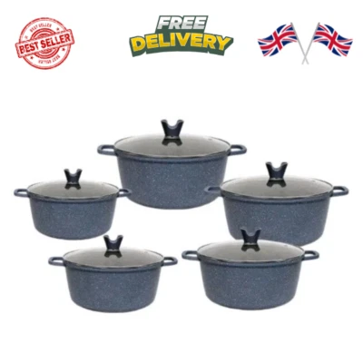 5-Piece Granite Casserole Pot Set with Lids – Non-Stick Cookware All Hobs -Grey