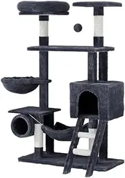 i.Pet 144cm Cat Tree, Wooden Cats Scratching Post Multi-Level Tower Pet Scratcher Climbing Trees Posts Indoor Kittens Wooden Play House Kitty Activity Center, with Plush Cover Condo Hammock Bed Black