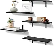 DelSol Paulownia Wood Floating Shelf Set of 5 for Wall Decor, Farmhouse Shelves for Bedroom, Bathroom Storage, and Living Room Book Display (Black)