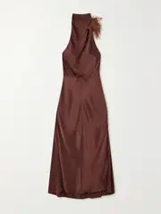 [VINCE] VINCE - Feather-trimmed Satin Halterneck Maxi Dress - Brown - US0 US 0 Brown
