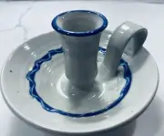 Chamber Candle Holder Stoneware Cobalt Blue Trim Handle Colonial Jamestown