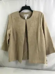 Alfred Dunner Womens Jacket 12 Beige Embroidery Rhinestones 3/4 Sleeve Woven New