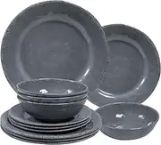 ZAROCRUS 12 Pcs Vintage Melamine Dinnerware Sets, Durable Set Of 4 Plates and Bowls Set, Lightweight Dishes Dinnerware Sets for Indoor and Outdoor Use, BPA Free,Cool Gray